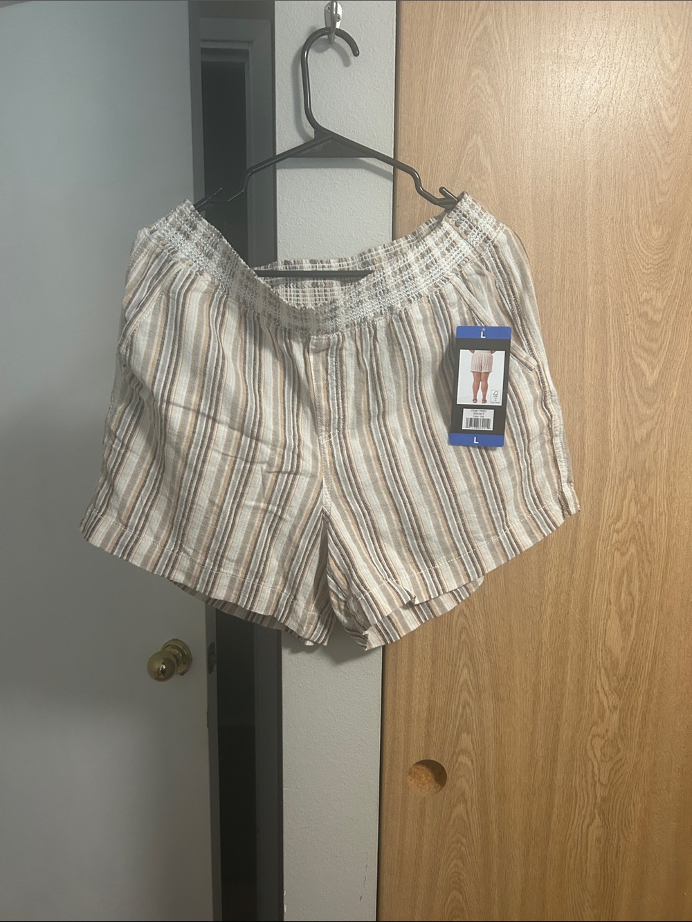 Briggs New York Striped High-Waist Smocked Shorts — Cream, Tan & Gray